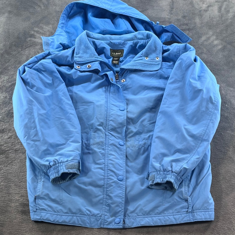 LL Bean Womens Petite Large Warm-Up Jacket Blue Fleece Lined Hooded Parka Coat